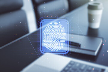 Multi exposure of abstract graphic fingerprint sketch on modern computer background, fingerprint...