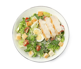 Delicious Caesar salad in bowl isolated on white, top view