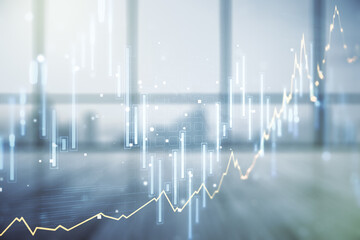 Double exposure of virtual creative financial diagram on empty room interior background, banking and accounting concept