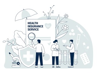 Medical insurance. Support and insure, people health protection. Digital healthcare, doctor and patients. Flat life security recent vector concept