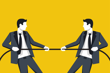 Competition concept. Business people. Businessmen in suit pull the rope at edge of cliff, symbol of rivalry, competition, conflict. Tug of war. Vector illustration, flat design. Corporate conflicts. © hvostik16