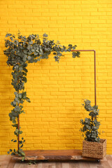 Stylish photo zone with wooden frame and green leaves near yellow brick wall indoors