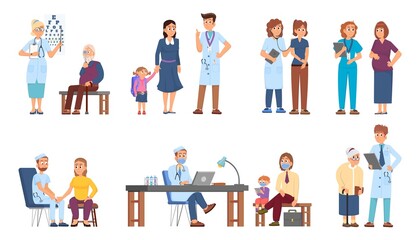 Patients with doctor. Patient examination, physician check up in hospital. People healthcare, medical pediatrician sitting at desk. Medicine decent vector set