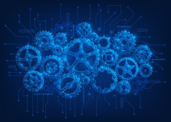 Gear background. Gears mechanical industry blue network, engineering system industrial concept. Technology wheels, machinery exact vector banner