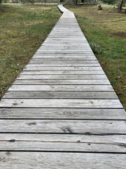 a path of weathered gray wooden planks across a meadow through nature 