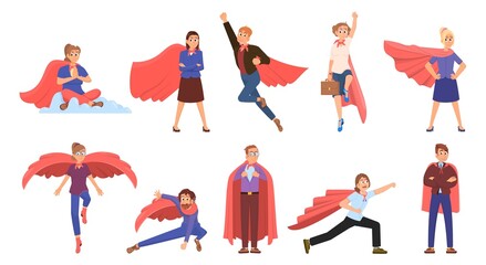 Naklejka premium Business people superhero. Strong person, adult superheroes winning team. Woman and man in red capes, businessman wear office suit, decent vector set