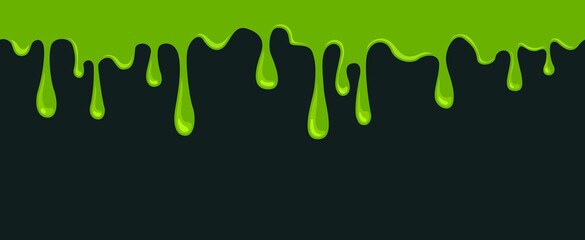 Slime dripping background. Green sticky texture, liquid blobs of poison. Snot flow seamless pattern, cartoon glue mucus exact vector decorative banner