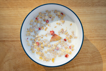 healthy breakfast of milk with nuts and dry fruits and melon seeds