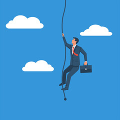 Businessman rises up the rope. Career growth ahead. Male to the goal. Vector illustration flat design. Isolated on background. Aspiration to victory. Ambition business.