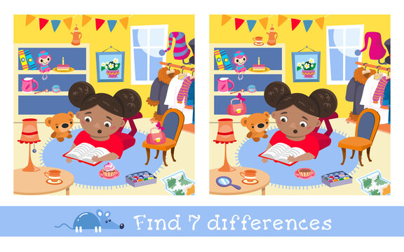 Find 7 differences. Game for children. Cute little girl read book in room. Hand drawn full color illustration. Vector flat cartoon picture.