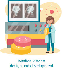 Medical device design and development metaphor with scientist develop research appliance, equipment and experiment. Laboratory diagnostic service chemistry clinic laboratories, pharmaceutical research