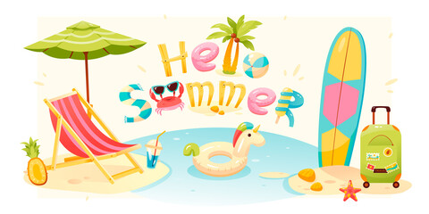 Summer poster. Text: hello summer. A set of beach elements. Vector illustration.