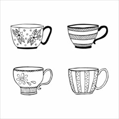 hand drawn tea or coffee cups, doodle or sketch, flat image