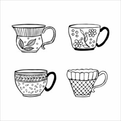 hand drawn tea or coffee cups, doodle or sketch, flat image
