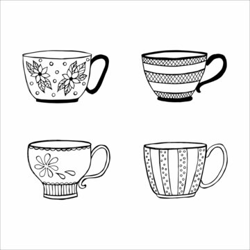 hand drawn tea or coffee cups, doodle or sketch, flat image