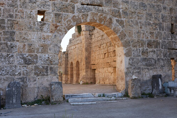 Roman ancient ruins Perge over a blue sky in Turkey, Antalya.