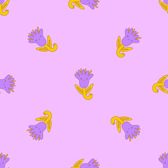 Seamless vector pattern with flowers. Vibrant flowers with faces in the style of psychedelic art. Ornament in the style of hippie 70s and 80s. Funny botanical print	