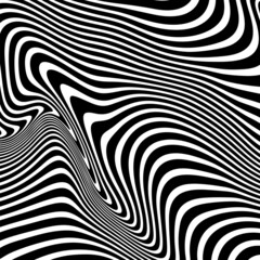 Diagonal curved wavy lines pattern. Vector seamless texture with black and white waves, stripes. Dynamical 3D effect, illusion of movement. Modern abstract monochrome background. Stylish repeat design