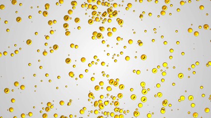 Abstract white background with dots. Design shimmer oil droplets. Texture liquid metal, iron. Plexus gold circle, spheres. Collision particles. Poster of medicine, technology, science, business.
