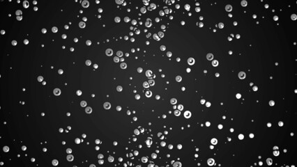 Obraz premium Abstract black background with dots. Design shimmer oil droplets. Texture liquid metal, iron. Plexus silver circle, spheres. Collision particles. Poster medicine, technology, science, business.