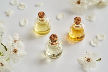 Essential oil bottles with white blossoms in springtime on bright background
