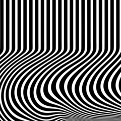 Abstract pattern of wavy stripes or rippled 3D relief black and white lines background. Vector twisted curved stripe modern trendy.3D visual effect, illusion of movement, curvature. Pop art design.	