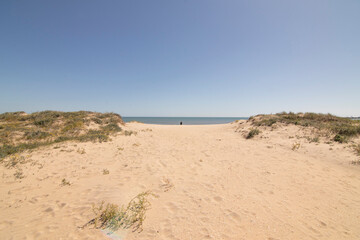 Isla Cristina beach, Huelva, Spain. A blue sky and fine sand. Concept of the best beaches.