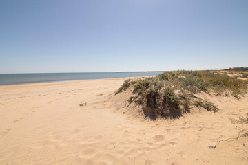 Isla Cristina beach, Huelva, Spain. A blue sky and fine sand. Concept of the best beaches.