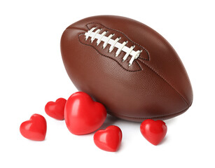 American football ball and hearts on white background