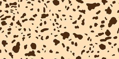 Dalmatian, giraffe seamless horizontal pattern. Spotted animal texture of dog, leopard, cow and cheetah. African background. Brown random spots on a beige background. Vector