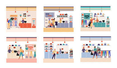 Women in clothing store on black friday. Seasonal discount offers clothes on sale. Closeout in boutique. Happy shopaholic makes purchase. Satisfied female customer with shopping bags in fashion market