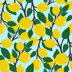 Fresh lemons background. Hand drawn. Seamless pattern with citrus fruits