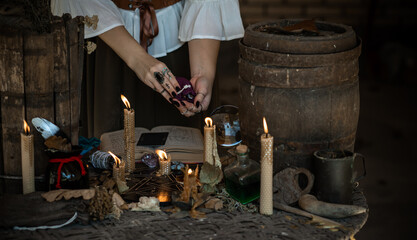Mystical scene with a candle, ritual, clear dark energy, rituals for money, luck, love - obrazy, fototapety, plakaty