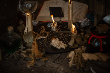 Fototapeta na wymiar Mystical scene with a candle, ritual, clear dark energy, rituals for money, luck, love