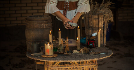 Mystical scene with a candle, ritual, clear dark energy, rituals for money, luck, love