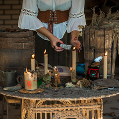 Mystical scene with a candle, ritual, clear dark energy, rituals for money, luck, love