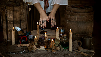 Mystical scene with a candle, ritual, clear dark energy, rituals for money, luck, love