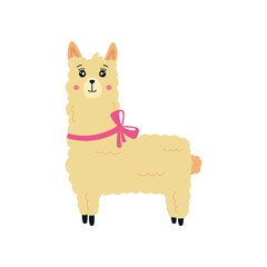 Cute llama alpaca with pink bow vector graphic design. Llama character illustration for nursery design, poster, greeting card or logo