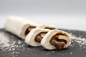 Turkish delight with chocolate filling. Traditional Turkish cuisine delicacies. close up