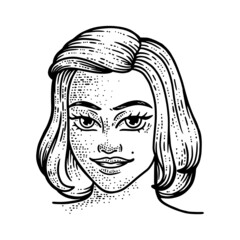 Girl face. Bob haircut. Line art sketch picture. Hand drawn.