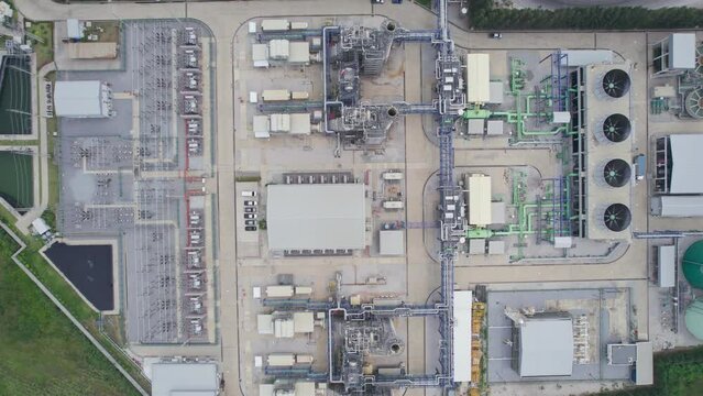 Aerial view of building infrastucture, industry power plant, smart chamical, gas and oil refinery pipeline warehouse