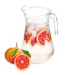 Delicious refreshing drink with sicilian orange and ice cubes in jug isolated on white