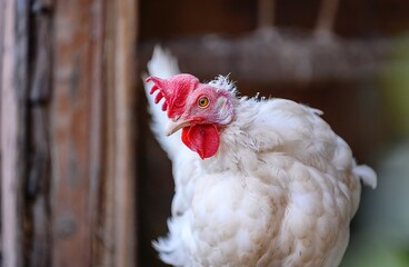 A large hen with white plumage and a red crest walks around the poultry yard of the farm with its head bowed. Close-up of a bird, blurred background.