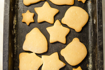 Ready-made shortbread cookies on a baking sheet close-up. Home and handmade food concept