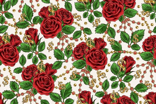 Seamless pattern with lush blooming red vintage roses with leaves, gold metal ball chains with rhinestones, golden dollar sign on white background. Vector illustration. Good for gift decoration.