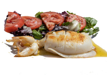 A grilled cuttlefish with olive oil, accompanied with tomatoes and salad. A highly demanded dish in the south of Spain. Called Choco A La Plancha.