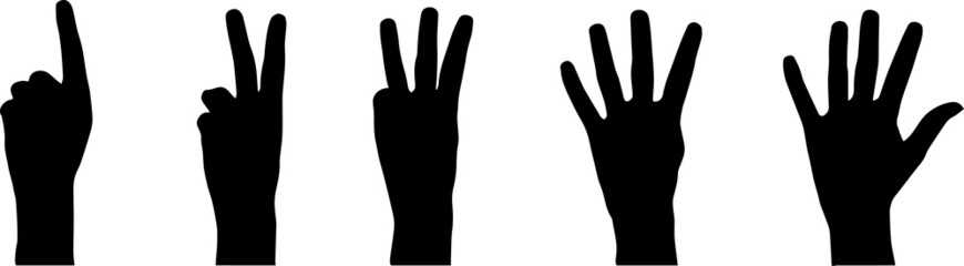 Hands counting from one to five vector silhouette, five fingers count signs, communication gestures concept, black color silhouette isolated on white background