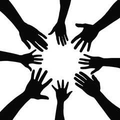 Group of people gathering hands vector silhouette, with copy space, concept of friendship, team, together and diversity, top view hand gathering silhouette, black color isolated on white background