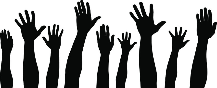 Raised hands vector silhouette, several hand raising, protest concept, togetherness idea silhouette, black color isolated on white background
