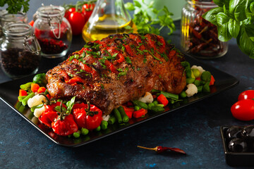 Whole roasted, stuffed with tomatoes and olives, pork neck.